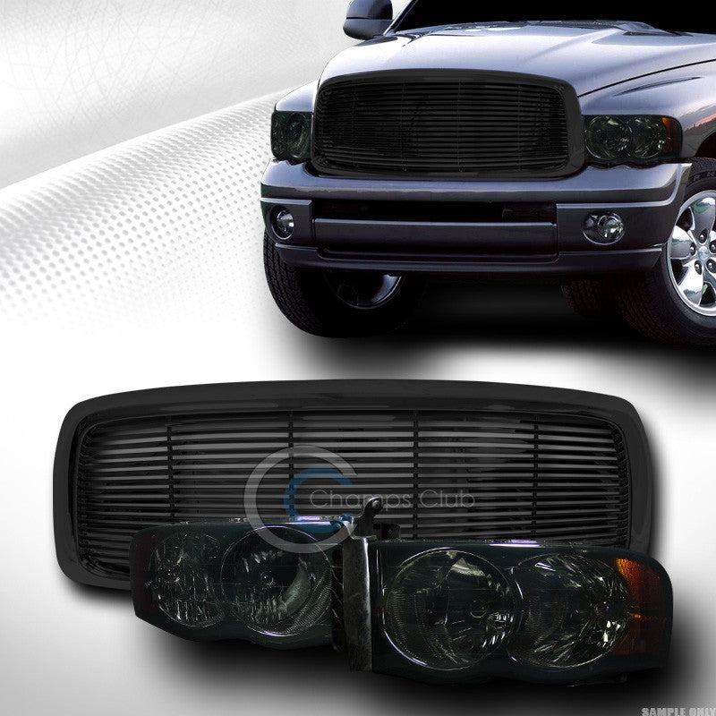 SMOKE HEAD LIGHTS AMBER+HORIZONTAL FRONT HOOD GRILL GRILLE BLACK 02-05 DODGE RAM