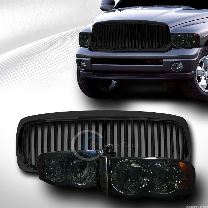 SMOKE HEAD LIGHTS AMBER W/VERTICAL FRONT HOOD GRILL GRILLE BLACK 02-05 DODGE RAM