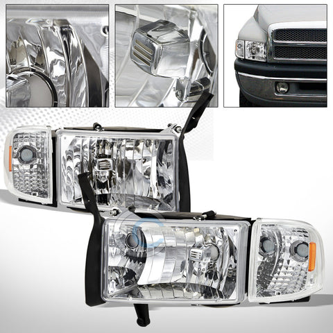 FACTORY CHROME CRYSTAL HEAD LIGHTS+SIGNAL CORNER LAMPS AMBER DY 94-02 DODGE RAM