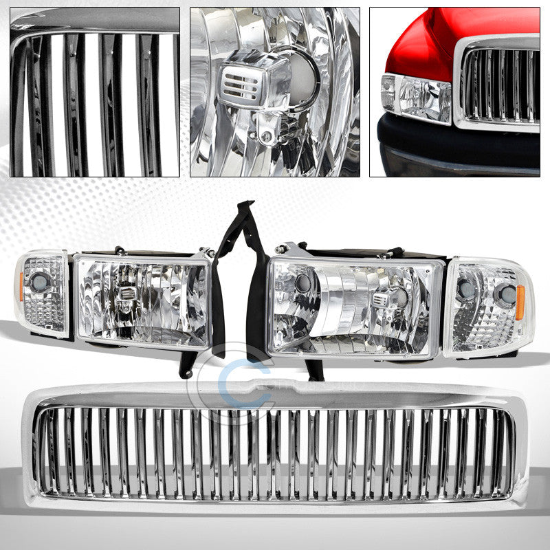 CHROME HEAD LIGHTS+CORNER AMBER DY+VERTICAL BUMPER GRILL GRILLE 94-01 DODGE RAM