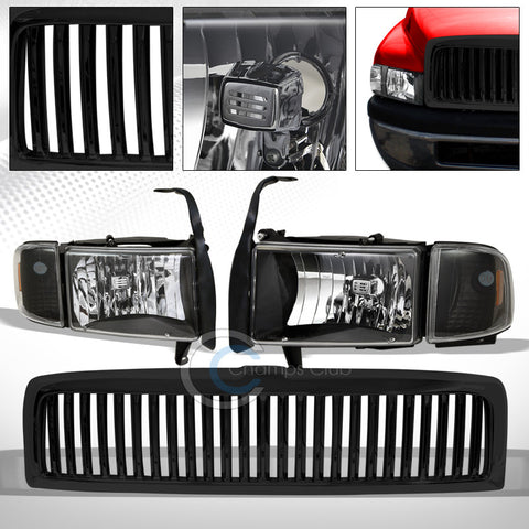 BLACK HEAD LIGHTS w/CORNER AMBER DY+VERTICAL BUMPER GRILL GRILLE 94-01 DODGE RAM