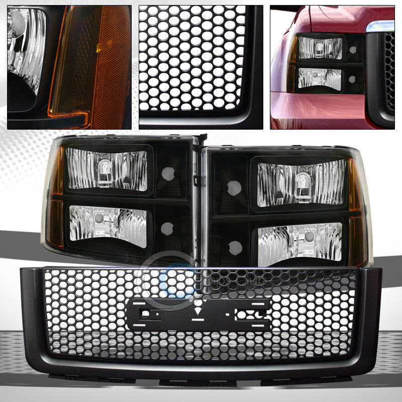 BLK HEAD LIGHTS AMBER+ROUND HOLE MESH GRILL GRILLE+EMBLEM BASE 07-13 SIERRA 1500