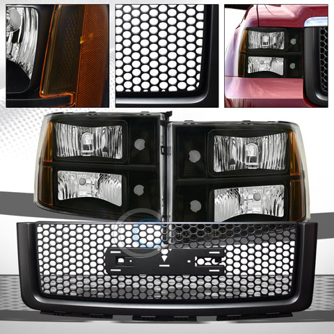 BLK HEAD LIGHTS AMBER+ROUND HOLE MESH GRILL GRILLE+EMBLEM BASE 07-13 SIERRA 1500