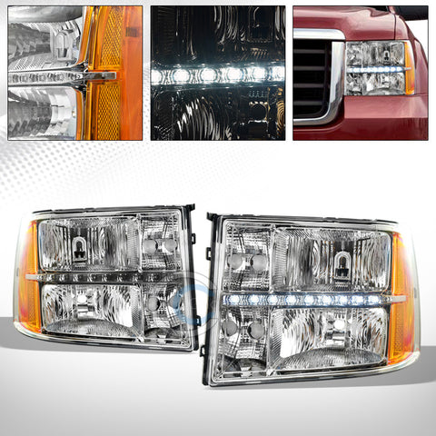 CHROME CRYSTAL DRL LED HEAD LIGHTS CORNER SIGNAL LAMPS AMBER DY 07-14 GMC SIERRA