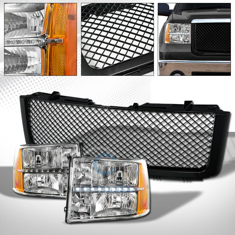 CHROME LED HEAD LIGHTS SIGNAL AMBER+BLK MESH GRILL GRILLE 07-13 GMC SIERRA 1500