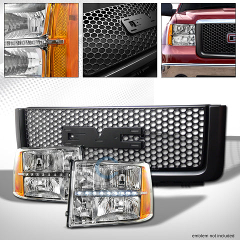 CHROME LED HEAD LIGHTS AM+BLK ROUND HOLE MESH GRILL GRILLE 07-13 GMC SIERRA 1500