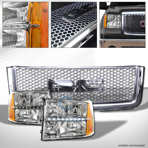 CHROME LED HEAD LIGHTS AMBER+ROUND HOLE MESH GRILL GRILLE 07-13 GMC SIERRA 1500