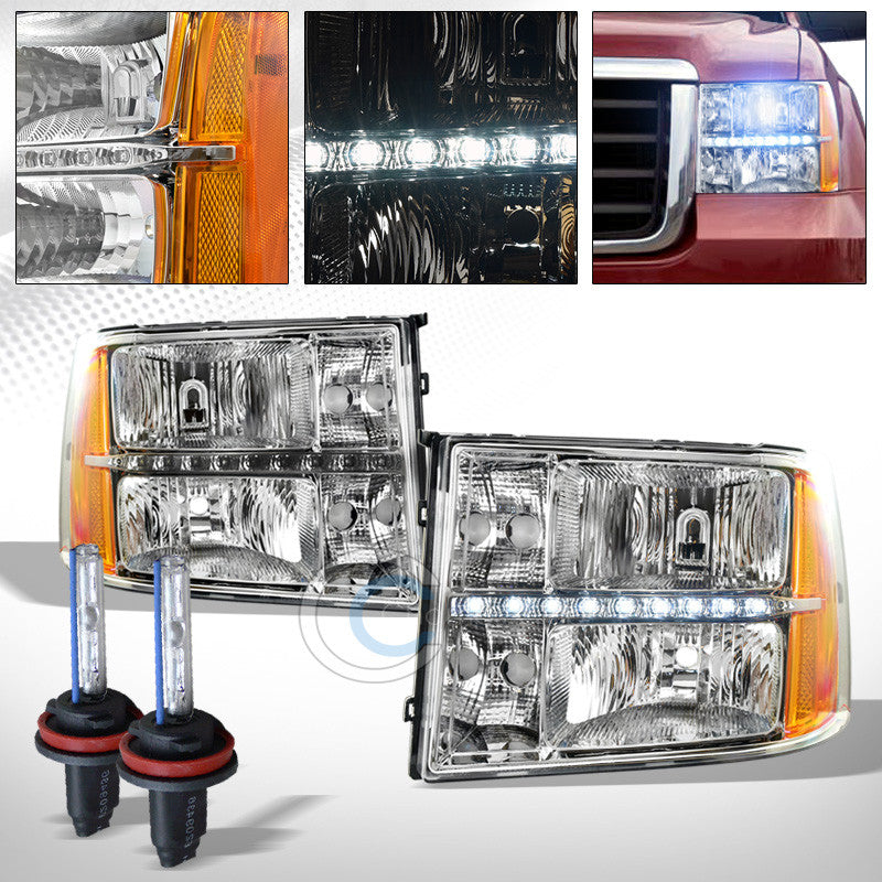 10000K HID XENON+CHROME DRL LED HEAD LIGHT SIGNAL LAMP AMBER DY 07-14 GMC SIERRA