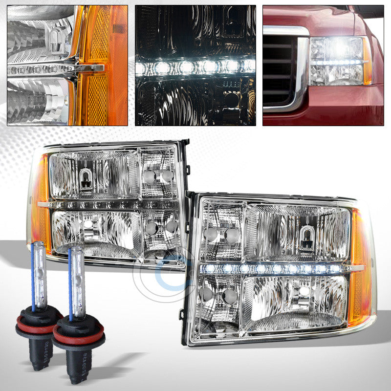 6000K HID XENON+CHROME DRL LED HEAD LIGHT SIGNAL LAMPS AMBER DY 07-14 GMC SIERRA