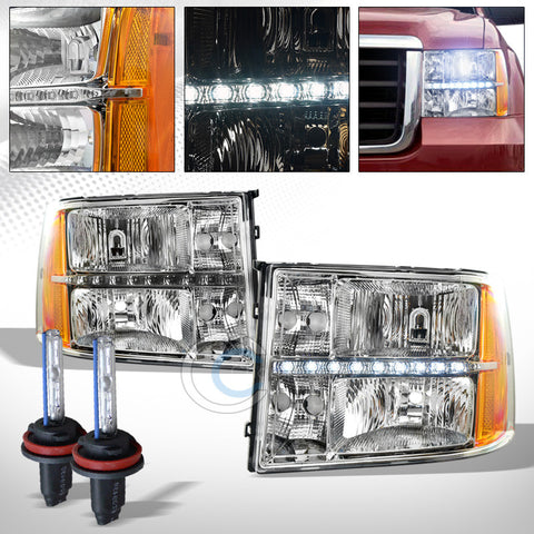 8000K HID XENON+CHROME DRL LED HEAD LIGHT SIGNAL LAMPS AMBER DY 07-14 GMC SIERRA