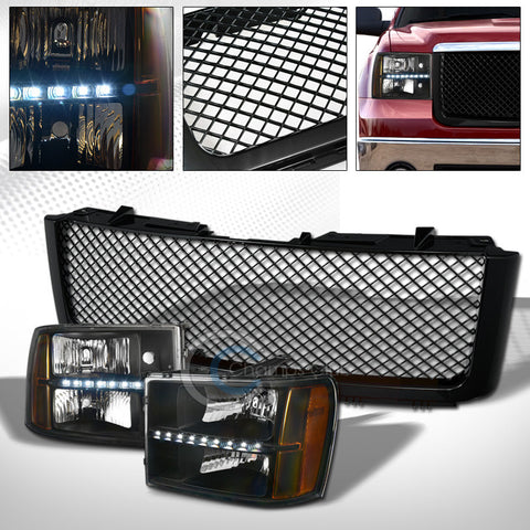 BLACK LED HEAD LIGHTS SIGNAL AMBER+MESH FRONT GRILL GRILLE 07-13 GMC SIERRA 1500