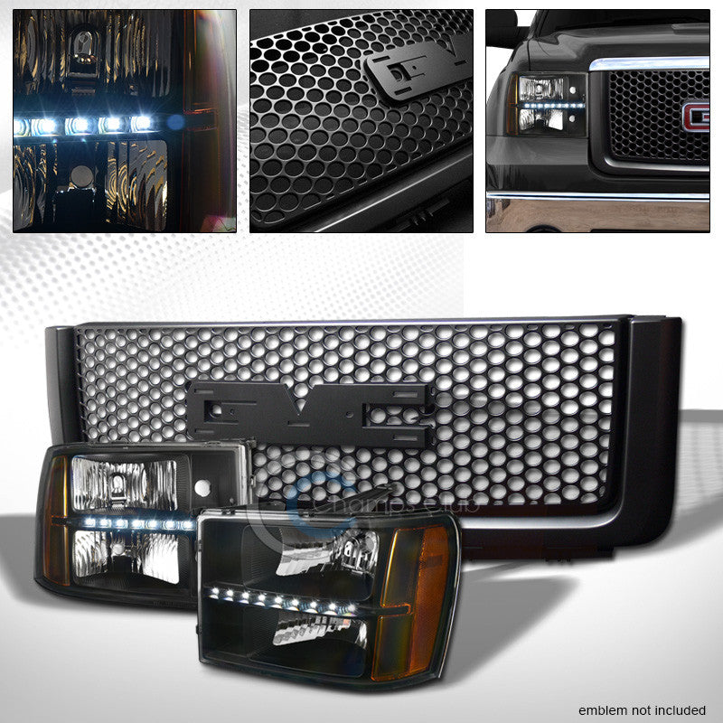 BLACK LED HEAD LIGHTS AMBER+ROUND HOLE MESH GRILL GRILLE 07-13 GMC SIERRA 1500
