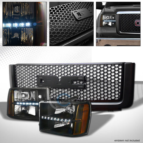 BLACK LED HEAD LIGHTS AMBER+ROUND HOLE MESH GRILL GRILLE 07-13 GMC SIERRA 1500