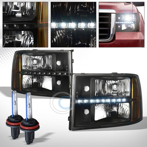 6000K HID XENON+BLACK DRL LED HEAD LIGHTS SIGNAL LAMPS AMBER DY 07-14 GMC SIERRA