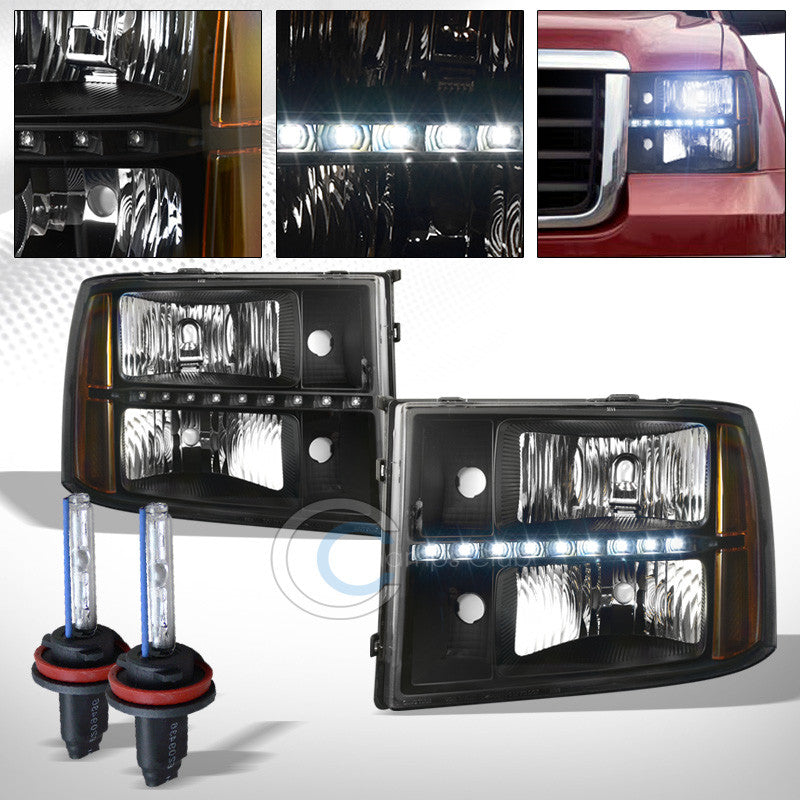 8000K HID XENON+BLACK DRL LED HEAD LIGHTS SIGNAL LAMPS AMBER DY 07-14 GMC SIERRA