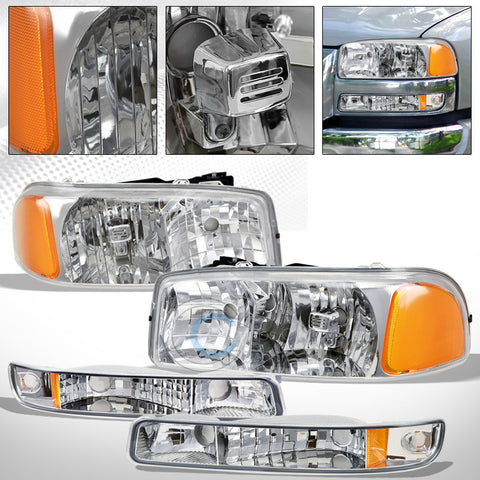 CHROME CRYSTAL HEAD LIGHTS w/BUMPER SIGNAL LAMPS AMBER DY 99-06 GMC SIERRA/YUKON