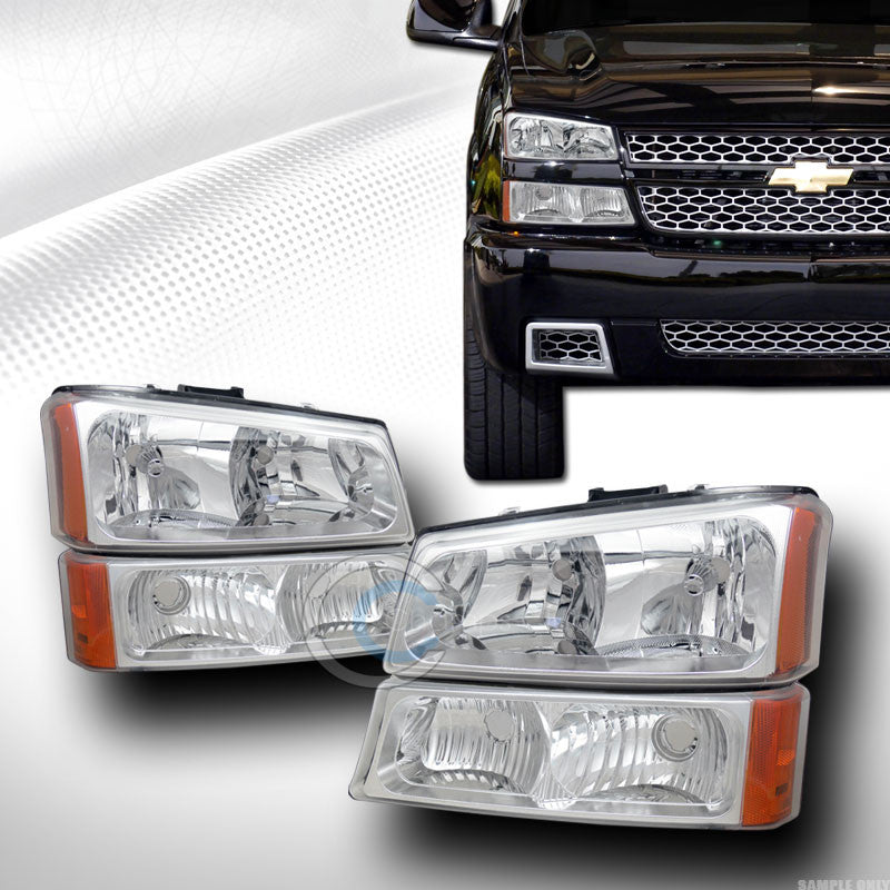 CRYSTAL CHROME HEAD LIGHTS LAMPS W/BUMPER SIGNAL AMBER DY 03-06 CHEVY SILVERADO