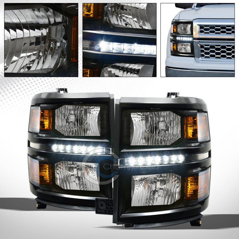 BLK CRYSTAL DRL LED HEAD LIGHTS SIGNAL LAMPS AMBER DY 14-15 CHEVY SILVERADO 1500