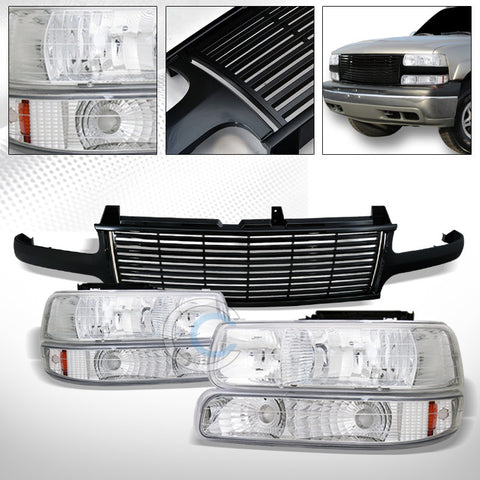 CHROME HEAD LIGHTS+BUMPER A DY+BLK HORIZONTAL GRILL GRILLE 99-06 SILVERADO/TAHOE