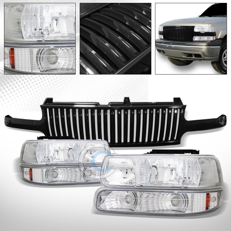 CHROME HEAD LIGHTS+BUMPER AMB DY+BLK VERTICAL GRILL GRILLE 99-06 SILVERADO/TAHOE