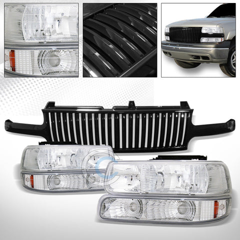 CHROME HEAD LIGHTS+BUMPER AMB DY+BLK VERTICAL GRILL GRILLE 99-06 SILVERADO/TAHOE