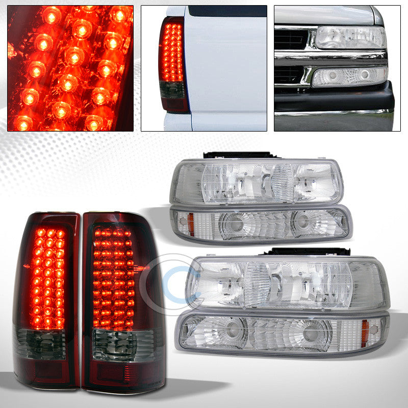 CHROME HEAD LIGHTS+BUMPER A DY+LED TAIL BRAKE RED SMOKE AW 99-02 CHEVY SILVERADO