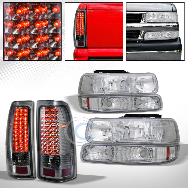 CHROME HEAD LIGHTS+BUMPER AMBER DY+LED TAIL BRAKE SMOKE AW 99-02 CHEVY SILVERADO