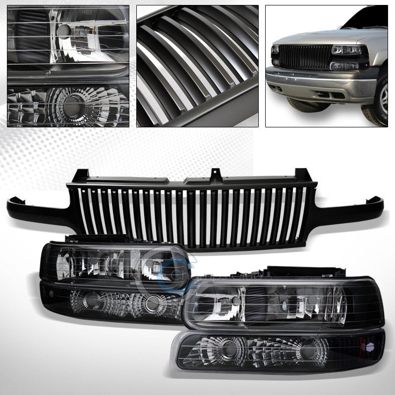BLACK HEAD LIGHTS+BUMPER AM DY+MATTE VERTICAL GRILL GRILLE 99-06 SILVERADO/TAHOE