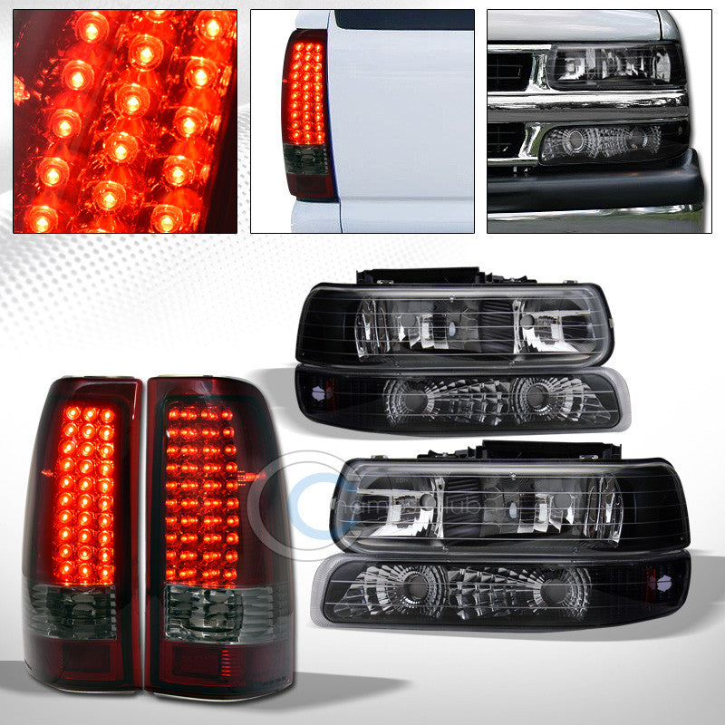 BLACK HEAD LIGHTS+BUMPER AM DY+LED TAIL BRAKE RED SMOKE AW 99-02 CHEVY SILVERADO