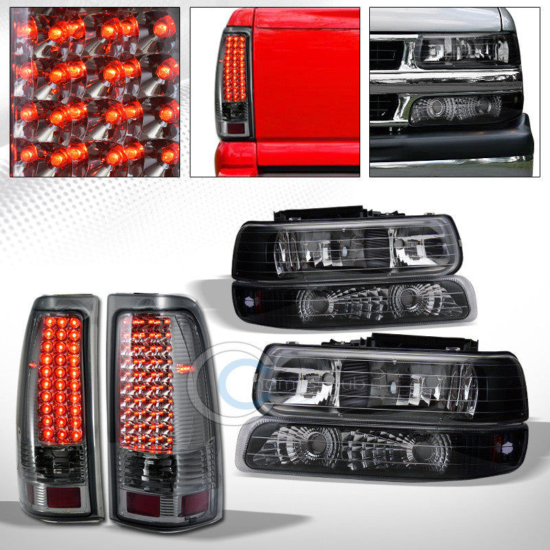 BLACK HEAD LIGHTS+BUMPER AMBER DY+LED TAIL BRAKE SMOKE AW 99-02 CHEVY SILVERADO