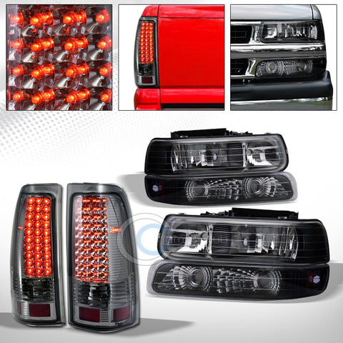 BLACK HEAD LIGHTS+BUMPER AMBER DY+LED TAIL BRAKE SMOKE AW 99-02 CHEVY SILVERADO