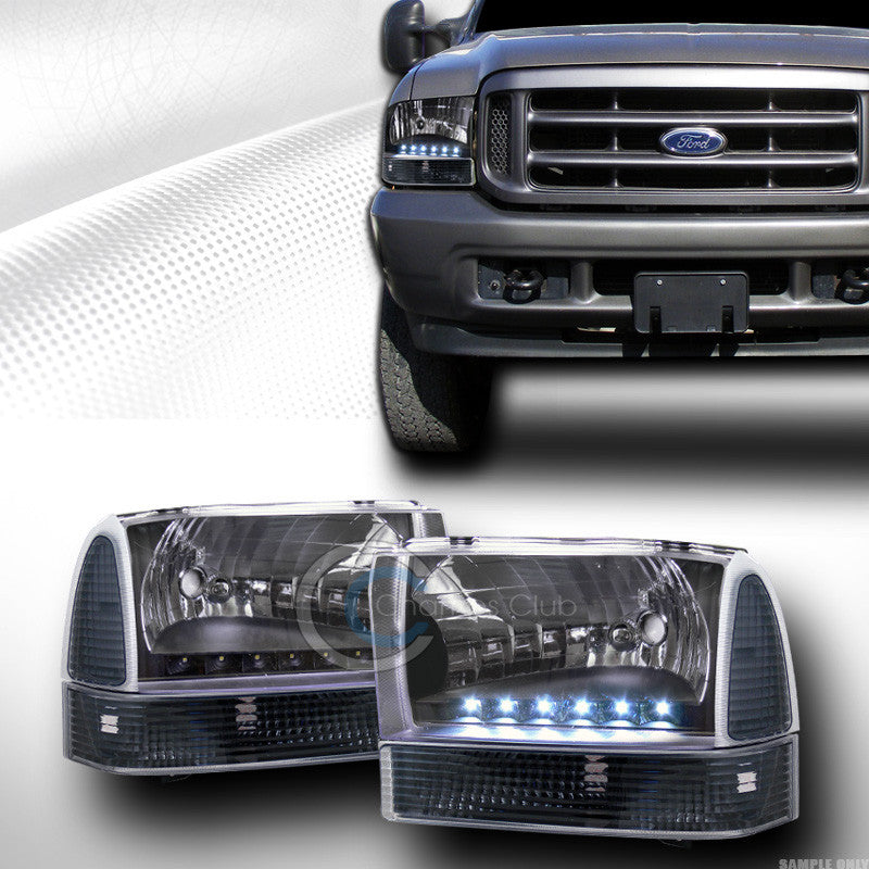 BLACK DRL LED HEAD LIGHTS+SIGNAL BUMPER CORNER LAMP 99 00-04 FORD F250 EXCURSION