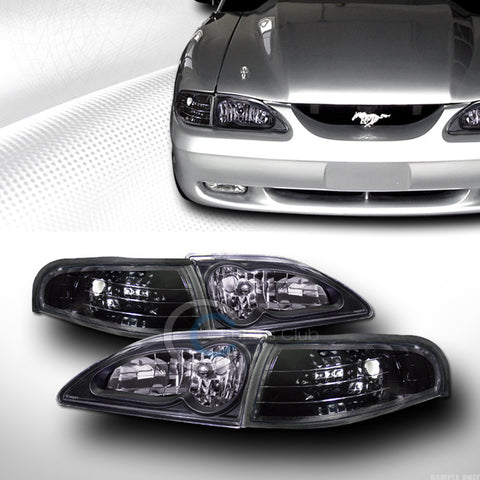 BLACK CRYSTAL HEAD LIGHTS+SIGNAL PARKING CORNER LAMPS K2 1994-1998 FORD MUSTANG