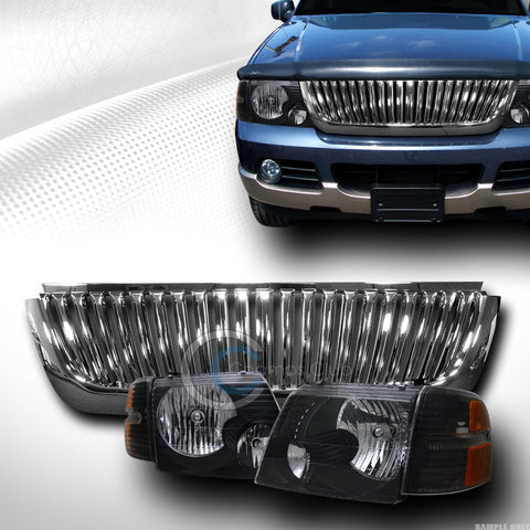 BLK HEAD LIGHTS SIGNAL CONRER AMBER+VERTICAL GRILL GRILLE CHROME 02-05 EXPLORER