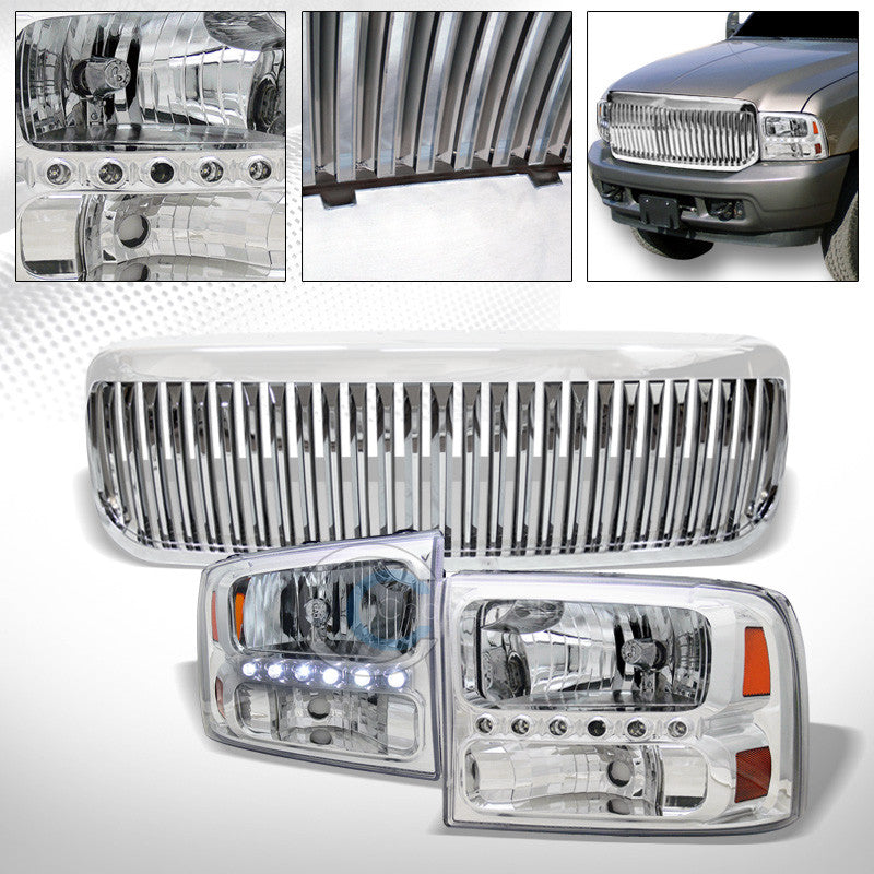 CHROME LED HEAD LIGHTS CORNER AM 1PC KS+VERTICAL GRILL GRILLE 99-04 F250/F350 SD