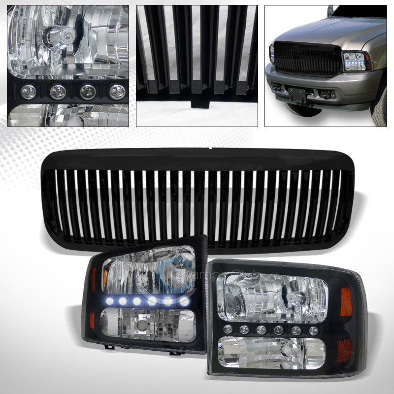 BLK LED HEAD LIGHTS CORNER AMBER 1PC KS+VERTICAL GRILL GRILLE 99-04 F250/F350 SD