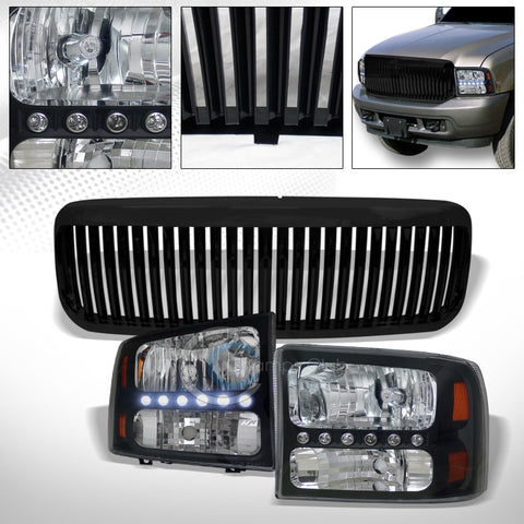 BLK LED HEAD LIGHTS CORNER AMBER 1PC KS+VERTICAL GRILL GRILLE 99-04 F250/F350 SD