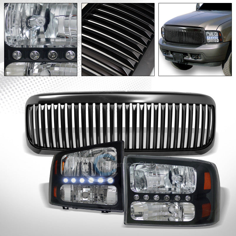 BLK LED HEAD LIGHTS CORNER AM 1PC KS+MATTE VERTICAL GRILL GRILLE 99-04 F250/F350