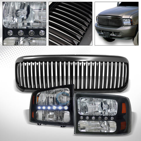 BLK LED HEAD LIGHTS CORNER AM 1PC KS+MATTE VERTICAL GRILL GRILLE 99-04 F250/F350