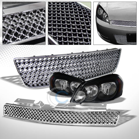 BLACK HEAD LIGHTS AM NB+CHROME MESH UPPER+LOWER GRILL 06-16 CHEVY IMPALA/LIMITED
