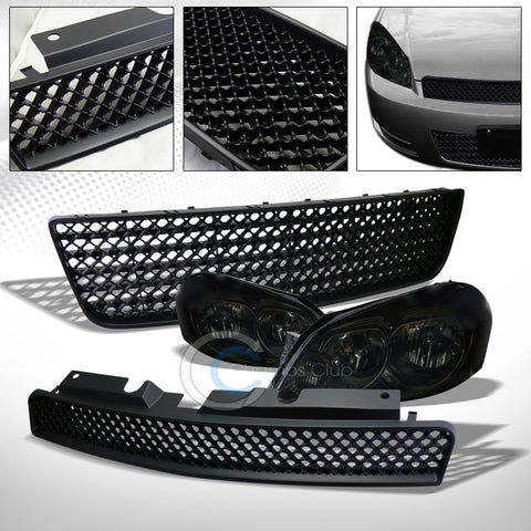 SMOKE HEADLIGHTS AM+BLK MESH UPPER+LOWER GRILL GRILLE 06-16 CHEVY IMPALA/LIMITED