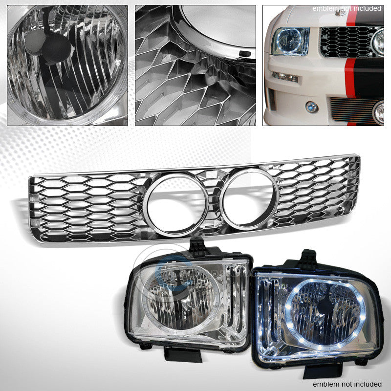 CHROME DRL LED HALO HEAD LIGHTS NB+HONEYCOMB MESH GRILL GRILLE 05-09 MUSTANG GT