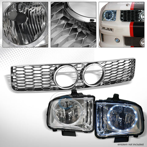 CHROME DRL LED HALO HEAD LIGHTS NB+HONEYCOMB MESH GRILL GRILLE 05-09 MUSTANG GT