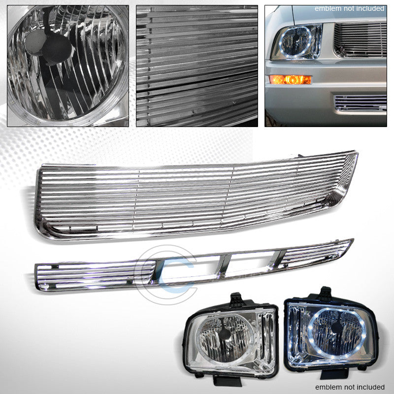 CHROME LED HALO HEAD LIGHTS NB+HORIZONTAL HOOD+BUMPER GRILL GRILLE 05-09 MUSTANG