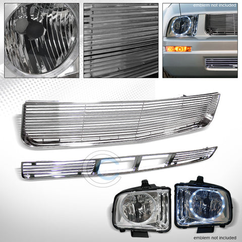 CHROME LED HALO HEAD LIGHTS NB+HORIZONTAL HOOD+BUMPER GRILL GRILLE 05-09 MUSTANG