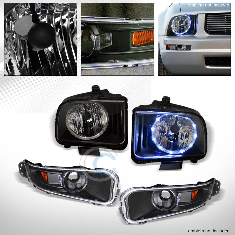 BLK CRYSTAL DRL LED HALO HEAD LIGHTS NB+SIGNAL BUMPER LAMPS AM JY 05-09 MUSTANG