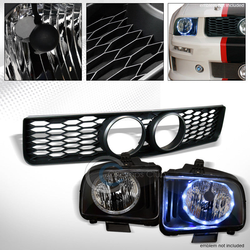 BLACK DRL LED HALO HEAD LIGHTS NB w/HONEYCOMB MESH GRILL GRILLE 05-09 MUSTANG GT