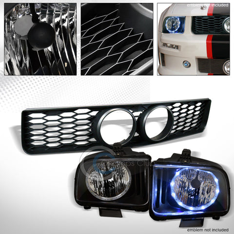 BLACK DRL LED HALO HEAD LIGHTS NB w/HONEYCOMB MESH GRILL GRILLE 05-09 MUSTANG GT