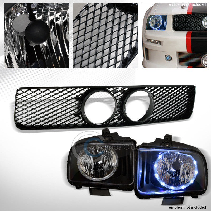 BLK CRYSTAL DRL LED HALO HEAD LIGHTS LAMPS NB+MESH GRILL GRILLE 05-09 MUSTANG GT
