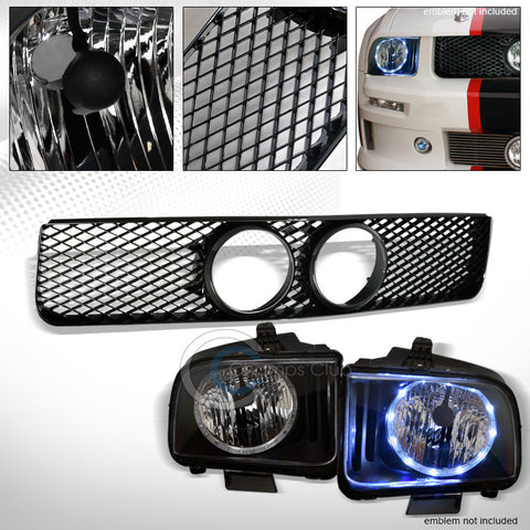 BLK CRYSTAL DRL LED HALO HEAD LIGHTS LAMPS NB+MESH GRILL GRILLE 05-09 MUSTANG GT